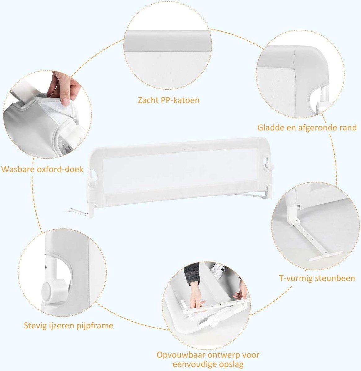Bedhekje, 150 x 40 x 42cm, opklapbaar veiligheidsbedhek voor peuters, kinderen & baby's, neerklapbaar hek voor converteerbare wieg, tweelingbed, twijfelaar, en eenpersoons-, tweepersoons-, queensize en kingsize bedden (wit, 150 x 40 x 42cm)