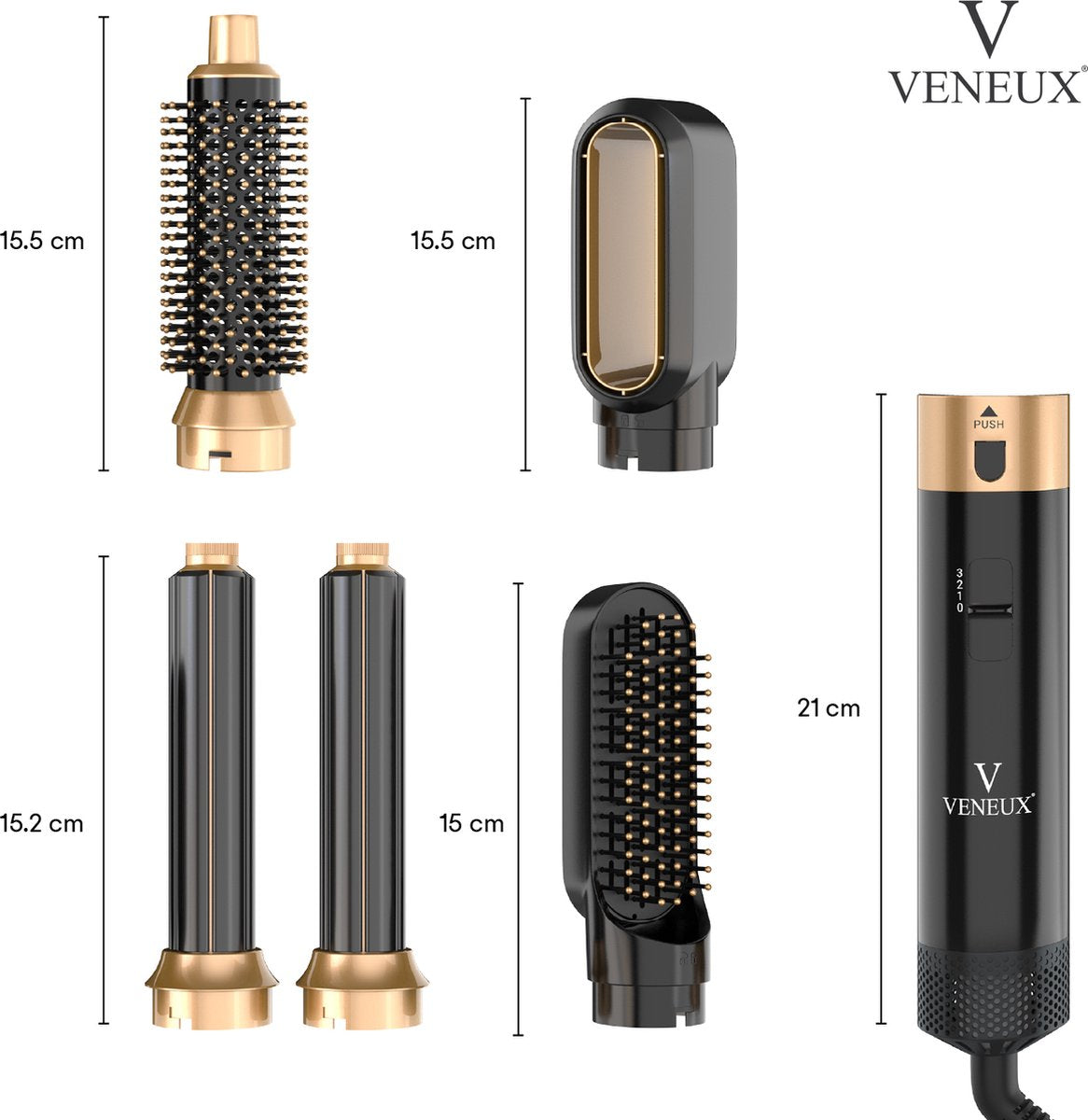 VENEUX® Föhnborstel - Airstyler - Krulborstel - Krultangen - 5 in 1 Multistyler – Zwart Met Goud