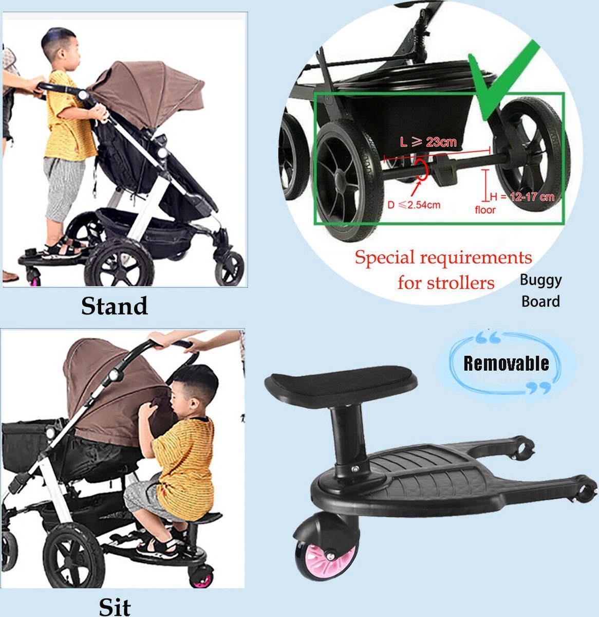 Baby Buggy Board With Seat Kiddy Board Kickstand For Twin Baby Accessories Organizer - Stroller Rolling Board Load Up To 25Kg