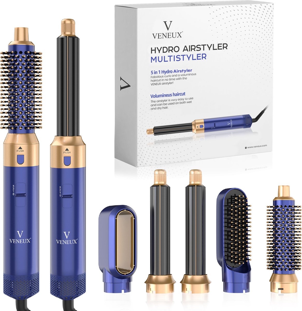 VENEUX® Föhnborstel - Airstyler - Krulborstel - Krultangen - 5-in-1 Multistyler – Blauw Met Goud