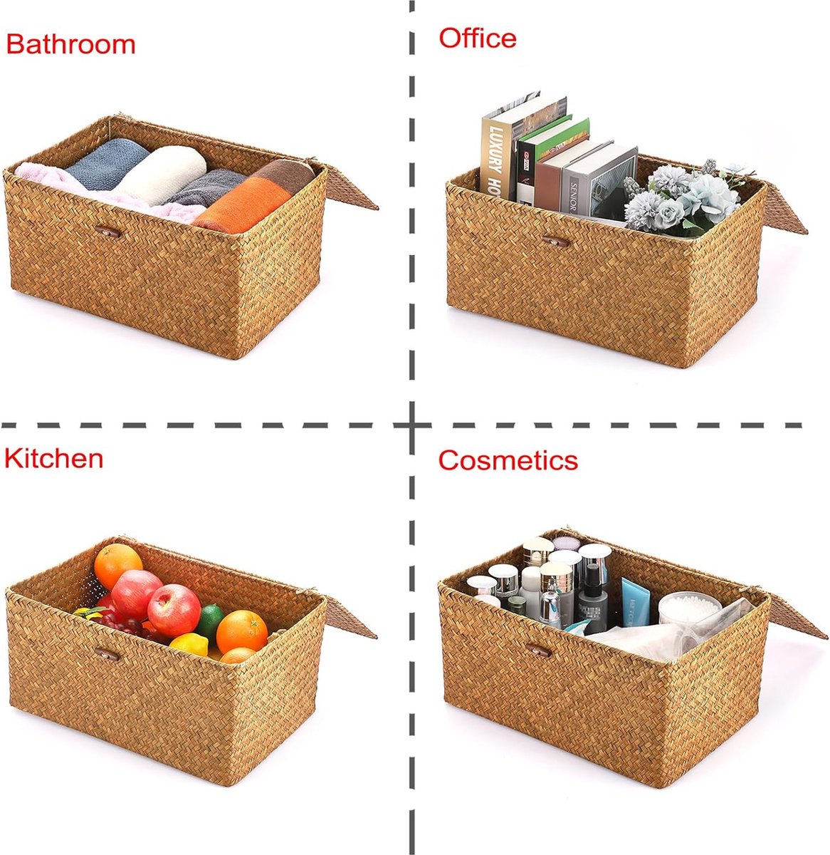 Seagrass Storage Basket with Lid Woven Wicker Basket Desk Basket Rectangular Bathroom Storage Box, Living Room Decorative Under Shelf Basket Multifunctional Storage Basket (XL,