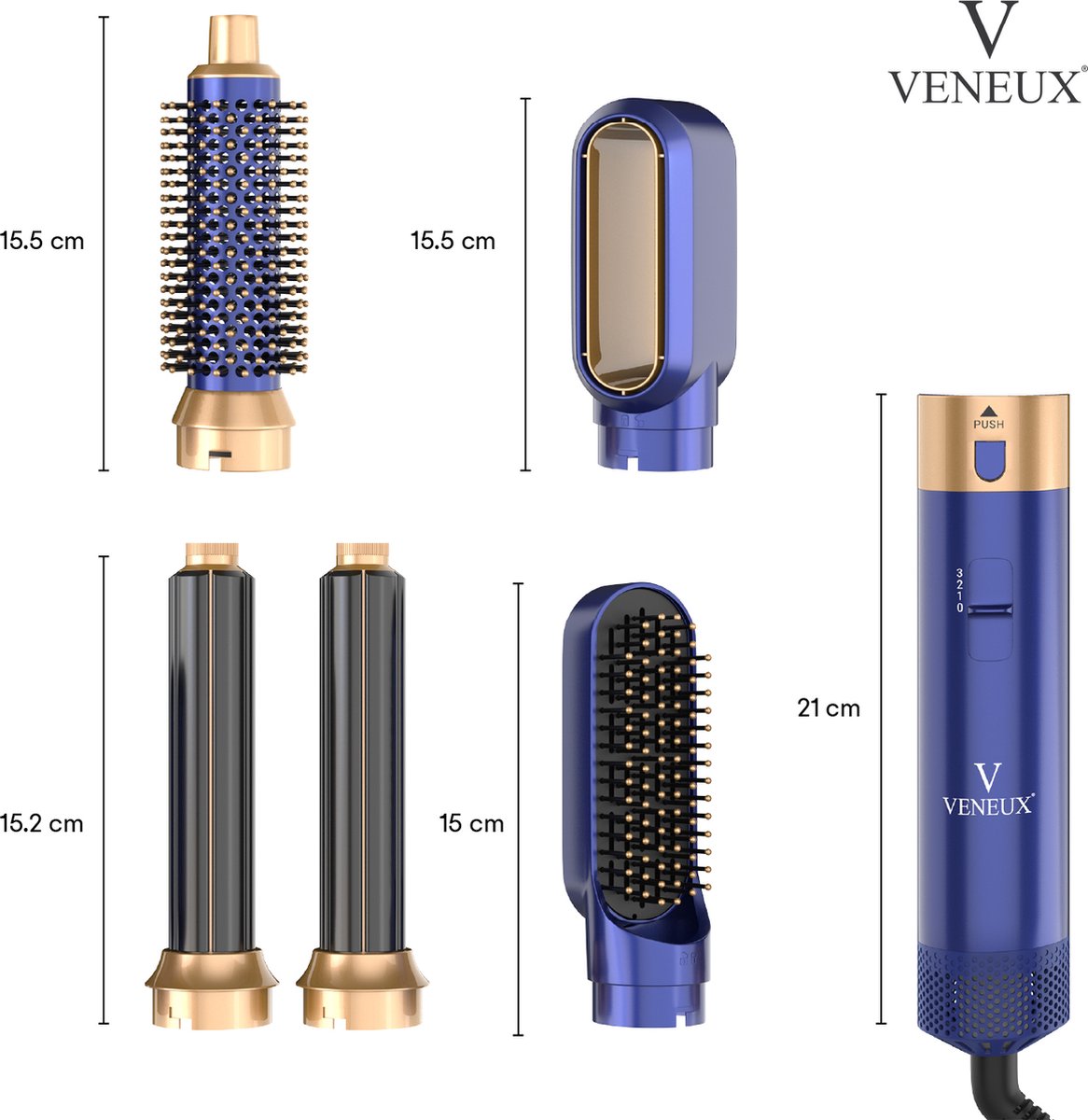VENEUX® Föhnborstel - Airstyler - Krulborstel - Krultangen - 5-in-1 Multistyler – Blauw Met Goud