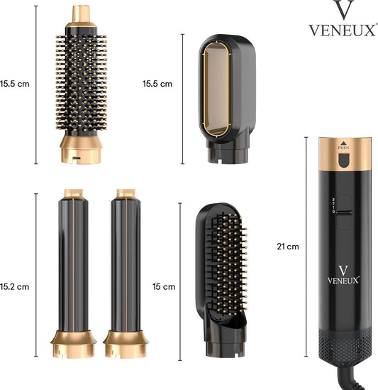 VENEUX® Föhnborstel - Airstyler - Krulborstel - Krultangen - 5-in-1 Multistyler - Met Opbergcase - Zwart Met Goud