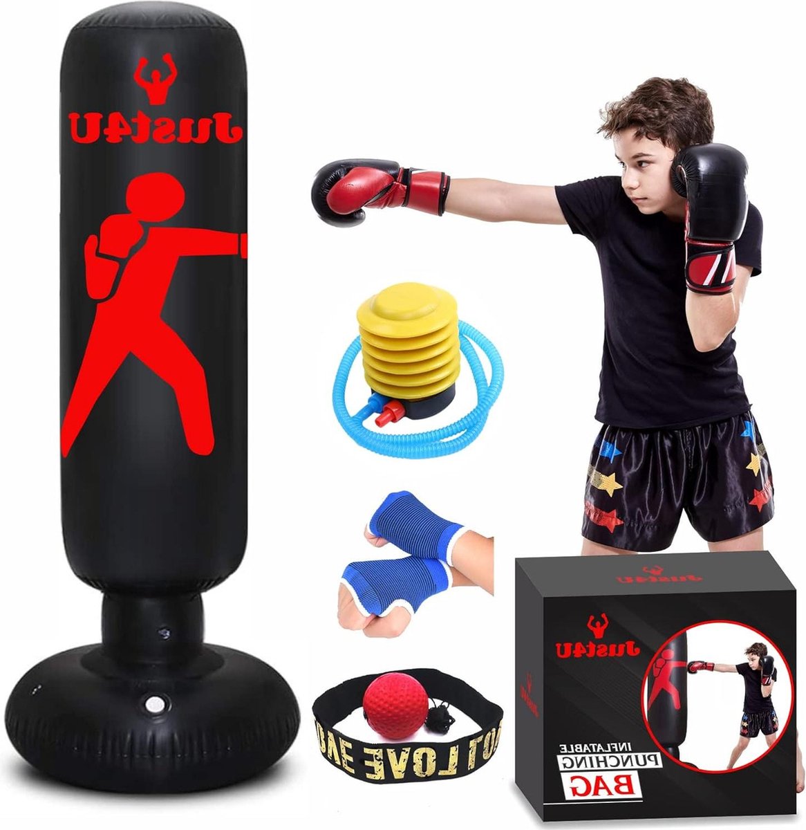Vrijstaande Opblaasbare Boksbal met Reflexbal - Inclusief Handbandages & Luchtpomp - Onmiddellijke Terugslag - Binnen & Buiten Vechtsport Praktijk muziek boks machine