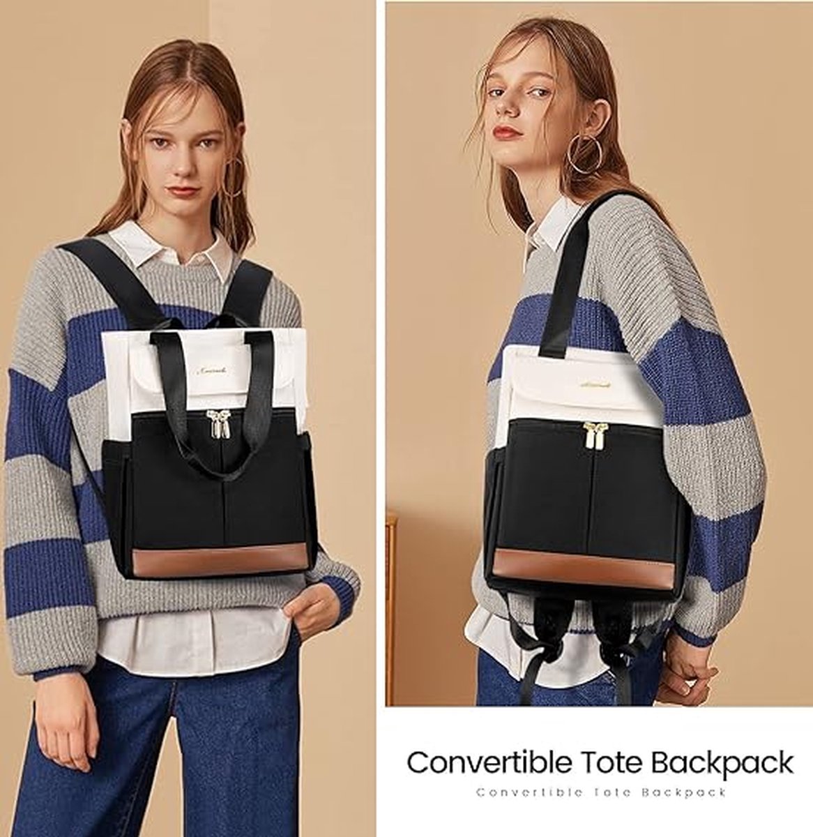 Small backpack 2-piece - Black/beige/brown - USB charging port - 2 pieces - Backpack for women - School, work, office, travel
