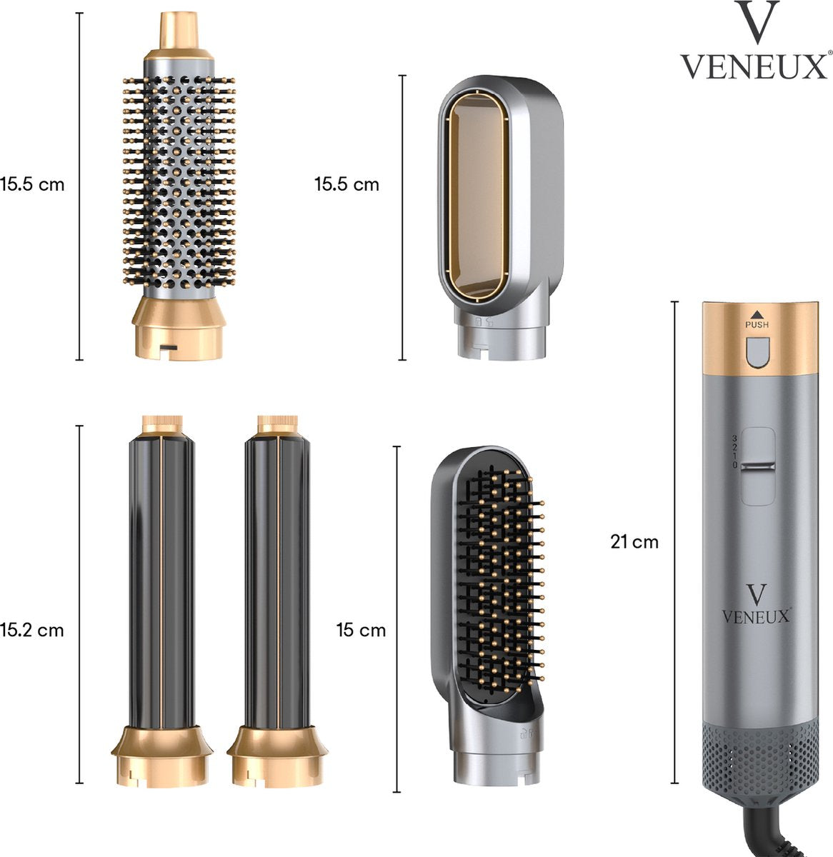 VENEUX® Föhnborstel - Airstyler - Krulborstel - Krultangen - 5-in-1 Multistyler - Met Opbergcase - Grijs Met Goud