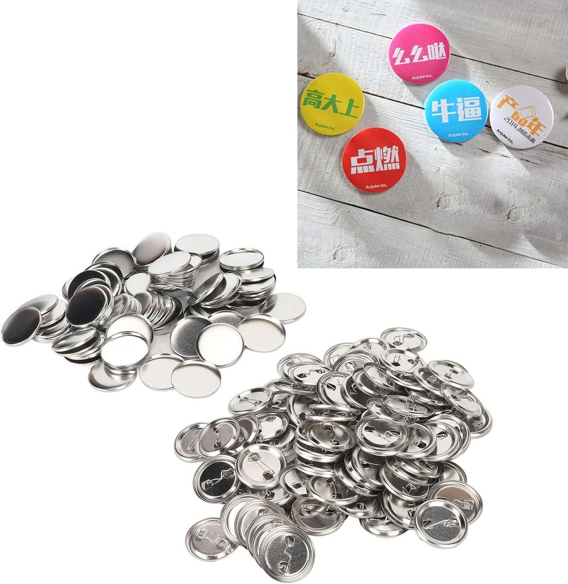Pin Terug Knop Onderdelen Set - Stevig Metaal Plastic Roestvrij - Benodigdheden voor het maken van Knoppen - Knoppenmachine - Ronde DIY Pin Maker - Plastic Bodems en Transparant - 44MM