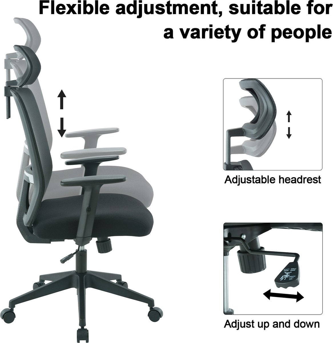 Ergonomic Office Chair - Office Chairs for Adults - Ergonomic Office Chair - Adjustable Seat Depth - Aluminum Alloy Base - Maximum Load 150KG - Grey
