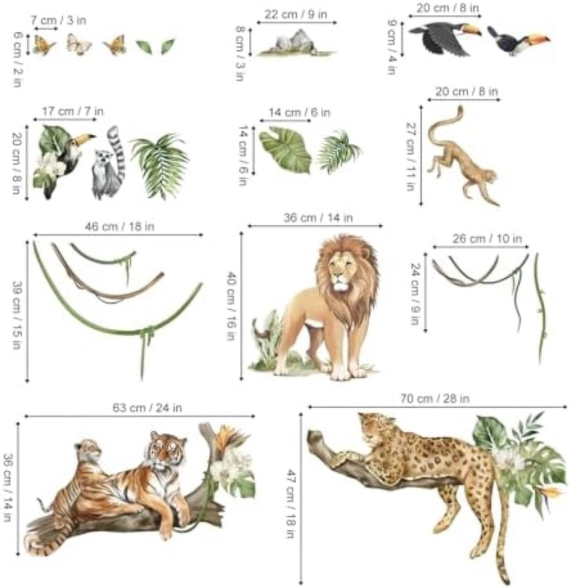 Jungle Dieren Boom Tak Muurstickers Safari Dierlijke Leeuw Luipaard Tijger Muurtattoo Babykinderkamer Kinder Woonkamer Slaapkamer Wanddecoratie