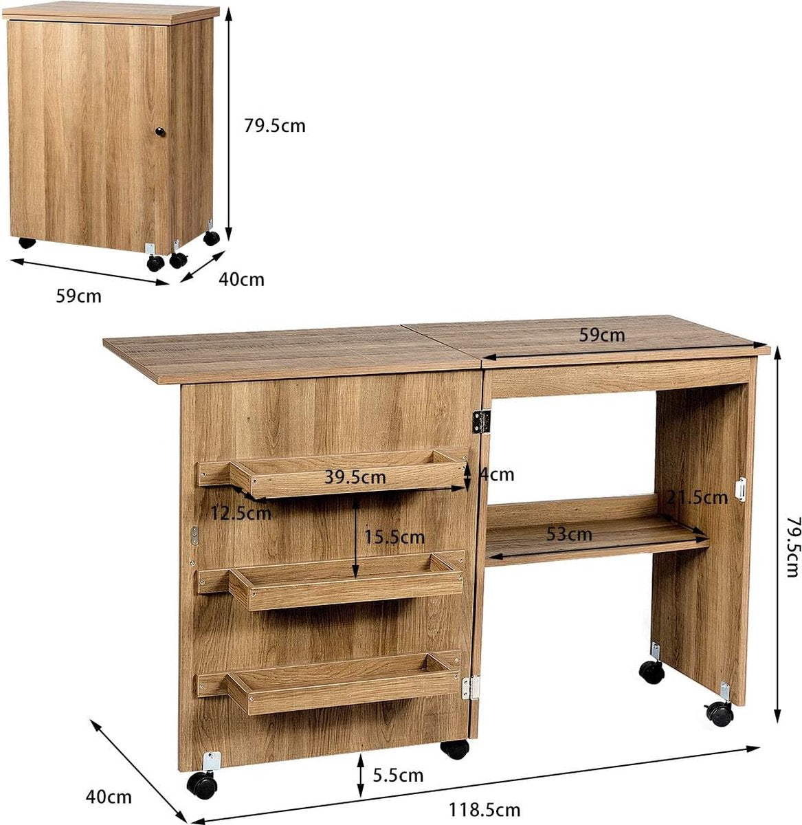 Foldable sewing table, sewing cart with lockable wheels and storage shelves, foldable sewing table for apartment, small spaces, 117 x 78 x 40 cm (Wood color)