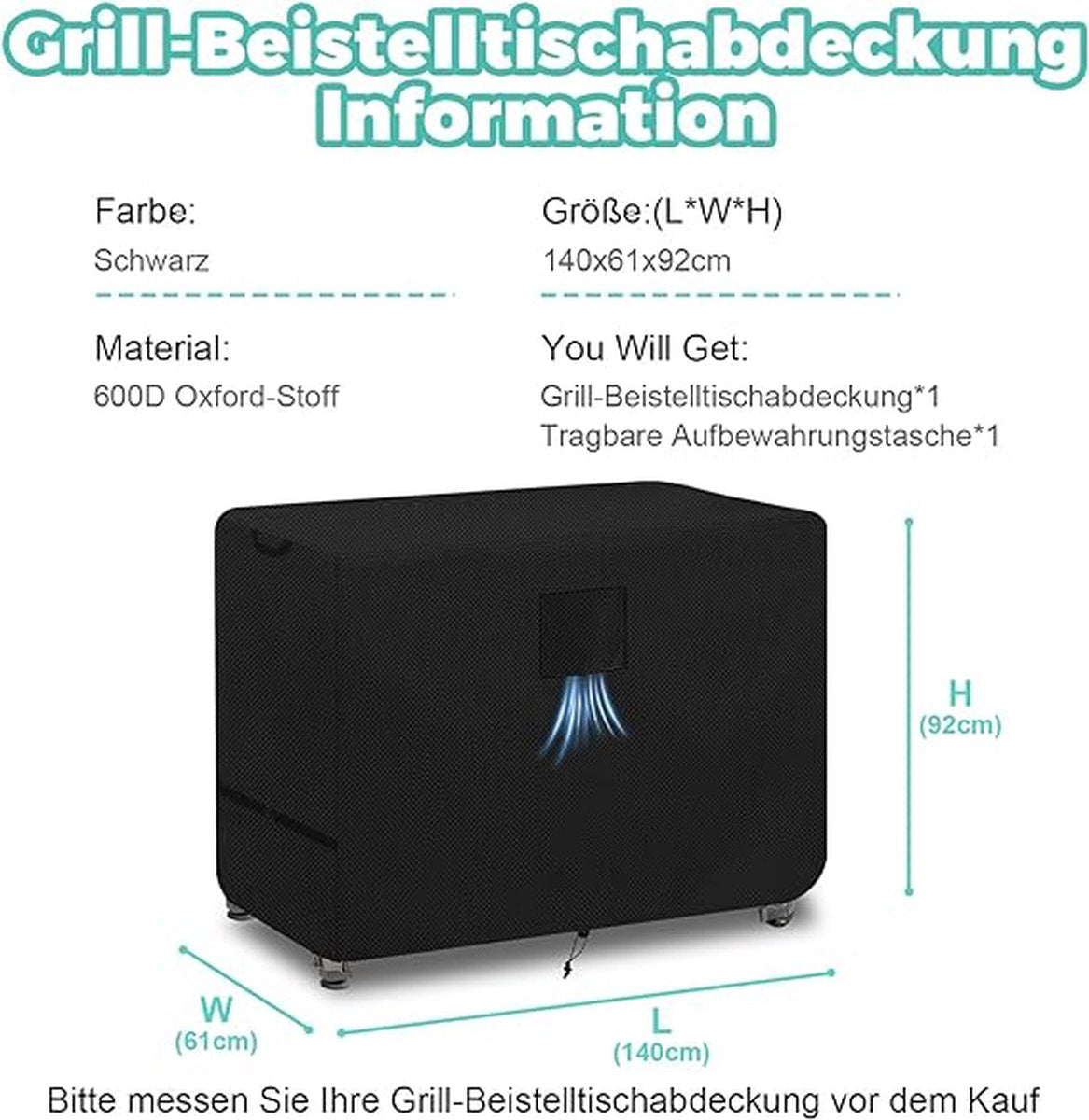 WINKEL YOLO-BBQ hoes-voor BBQ-zijtafel-140 x 61 x 92 cm-zijtafelhoes-waterdicht UV-bestendig-buiten grill-voorbereidingstafelhoes-zwart