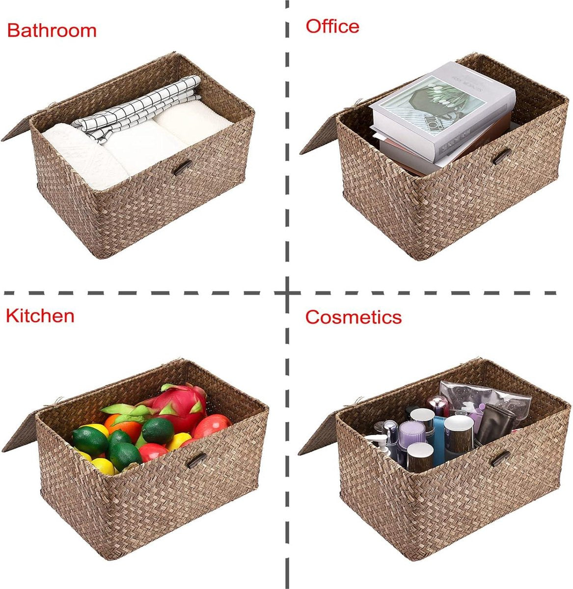 Rieten mand met deksel Sweet Living Opbergmand van zeegras voor bureau en badkamer - geweven zeegras opbergdoos planken - decoratieve mand - multifunctionele opbergmand - koffie groot Rieten mand met deksel sweet living