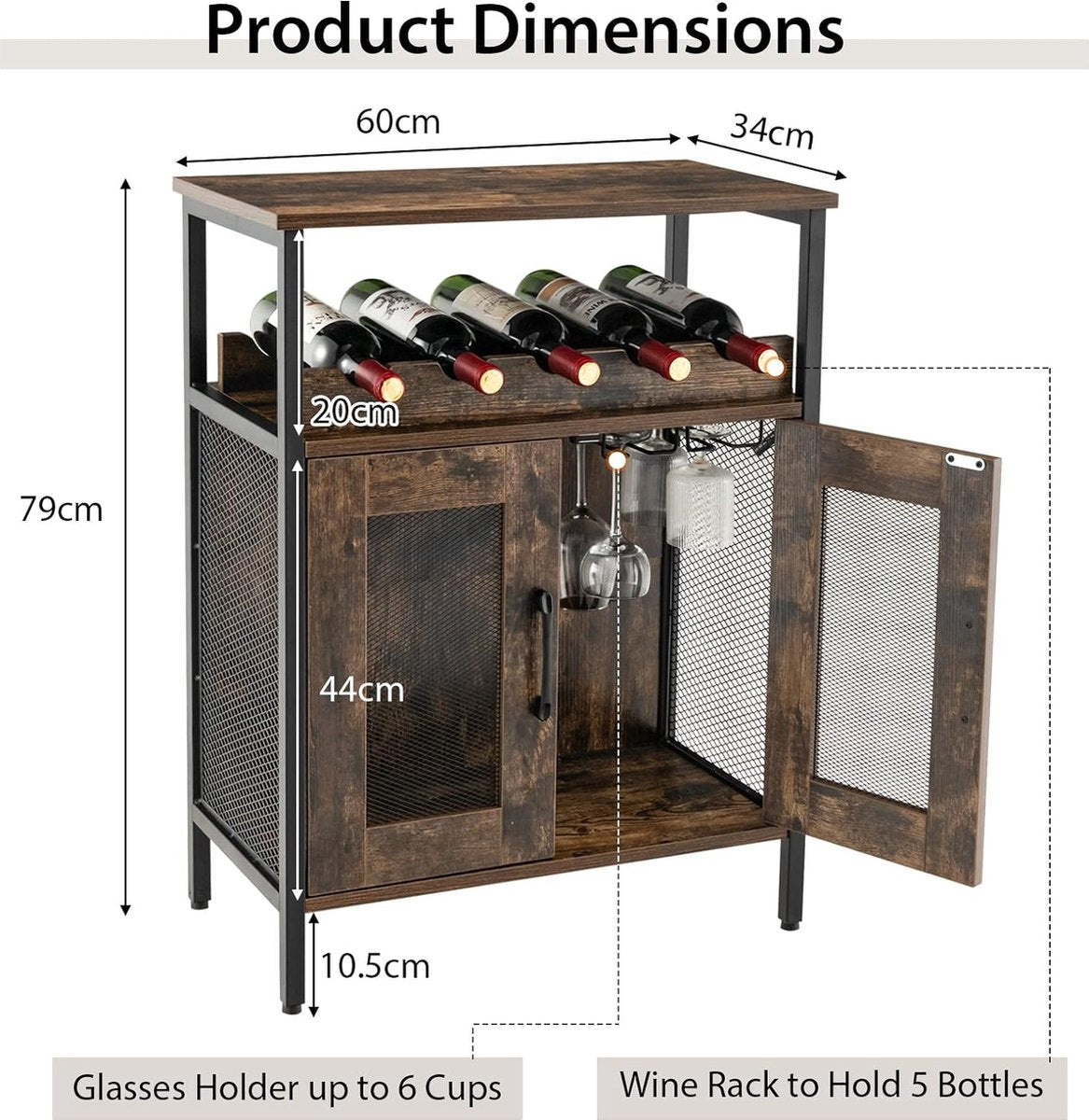 Bar cabinet with storage rack, wine bar cabinet, liquor cabinet with removable bottle holder and glass holder, industrial buffet cabinet for the kitchen