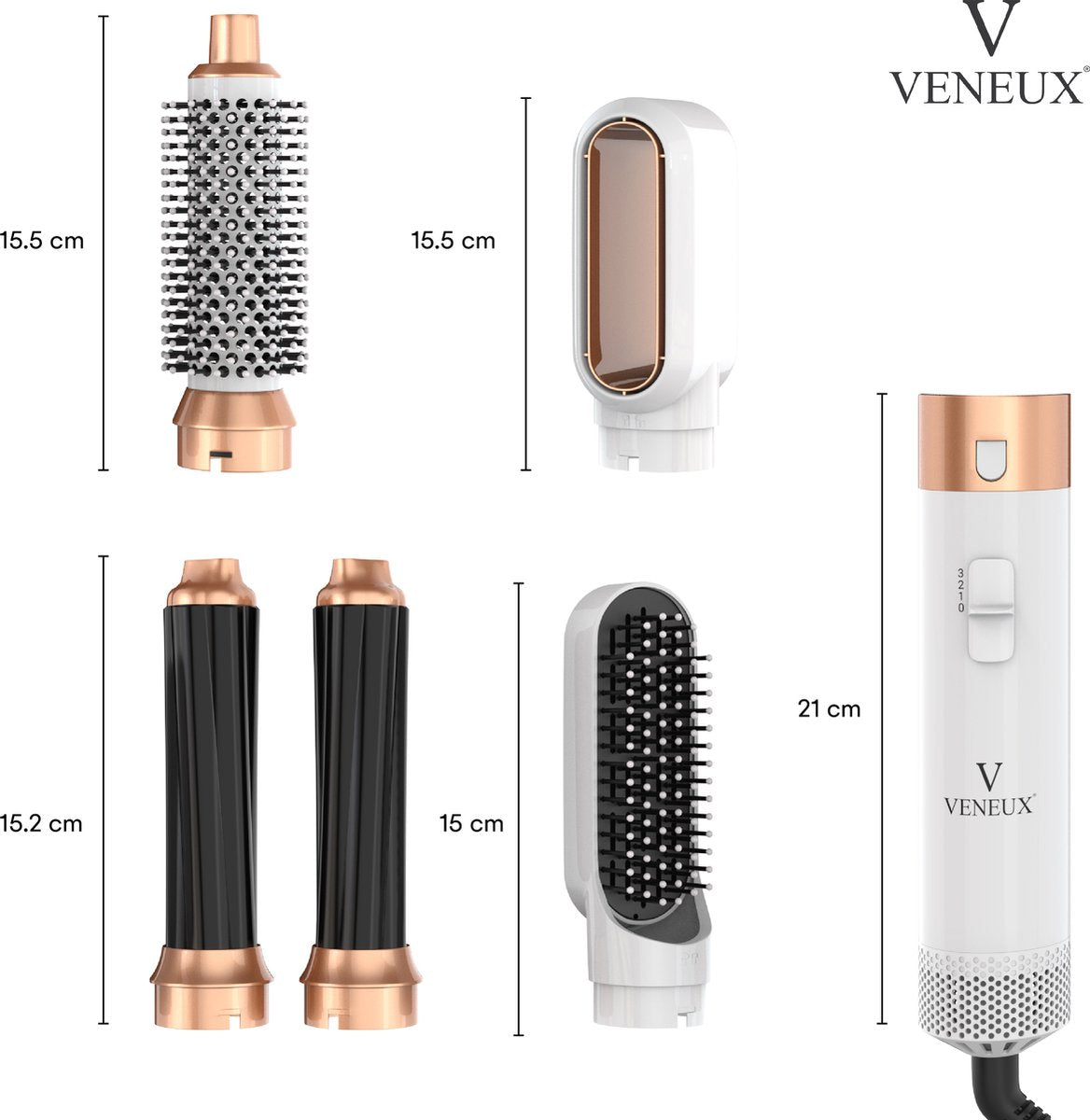 VENEUX® Föhnborstel - Airstyler - Krulborstel - Krultangen - 5 in 1 Multistyler - Wit