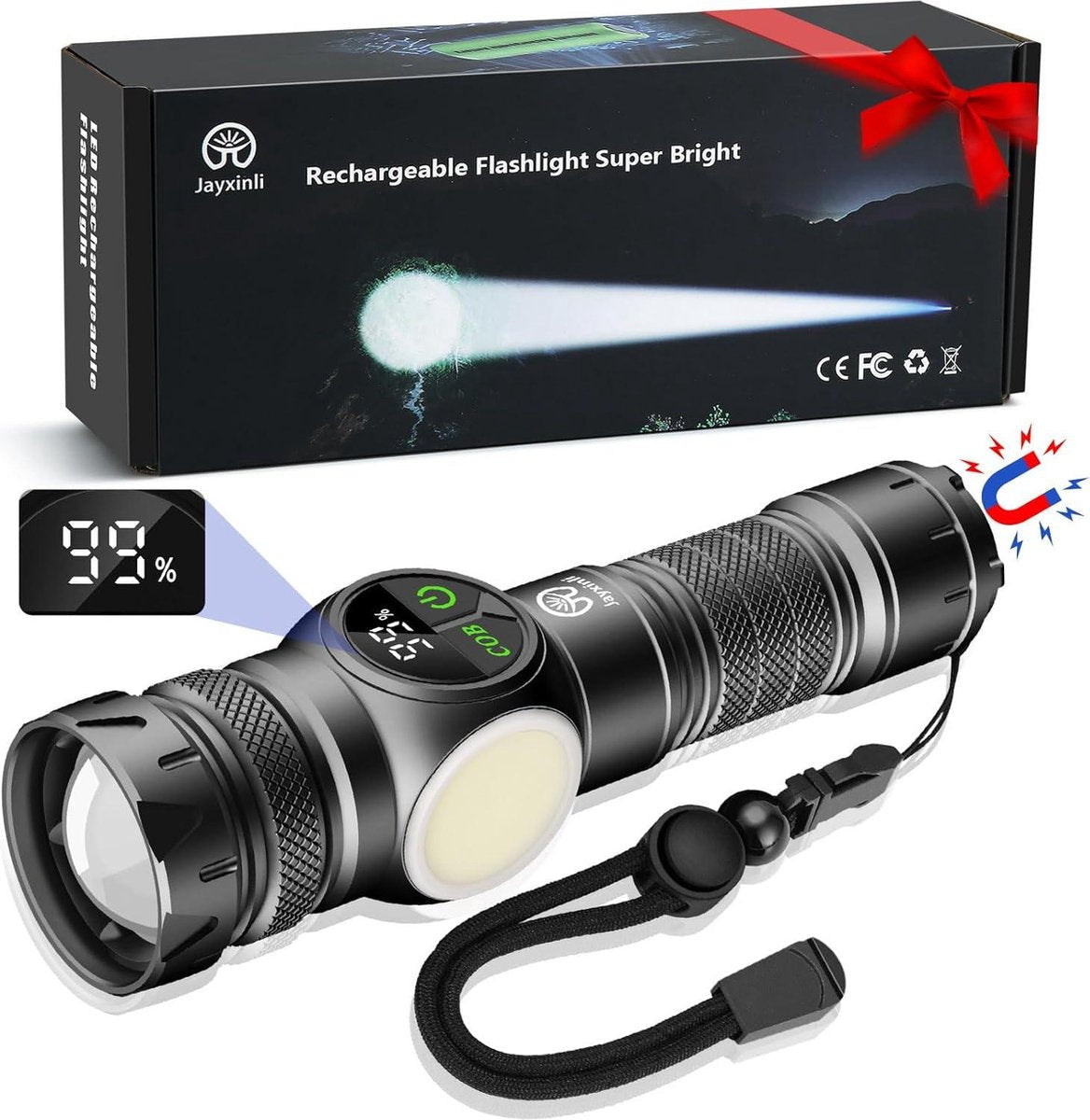 30.000 lumen magneet led zaklamp USB oplaadbaar - extreem heldere zaklamp - lcd vermogensindicator - sterke COB zaklamp - 9 lichtmodi - zoom