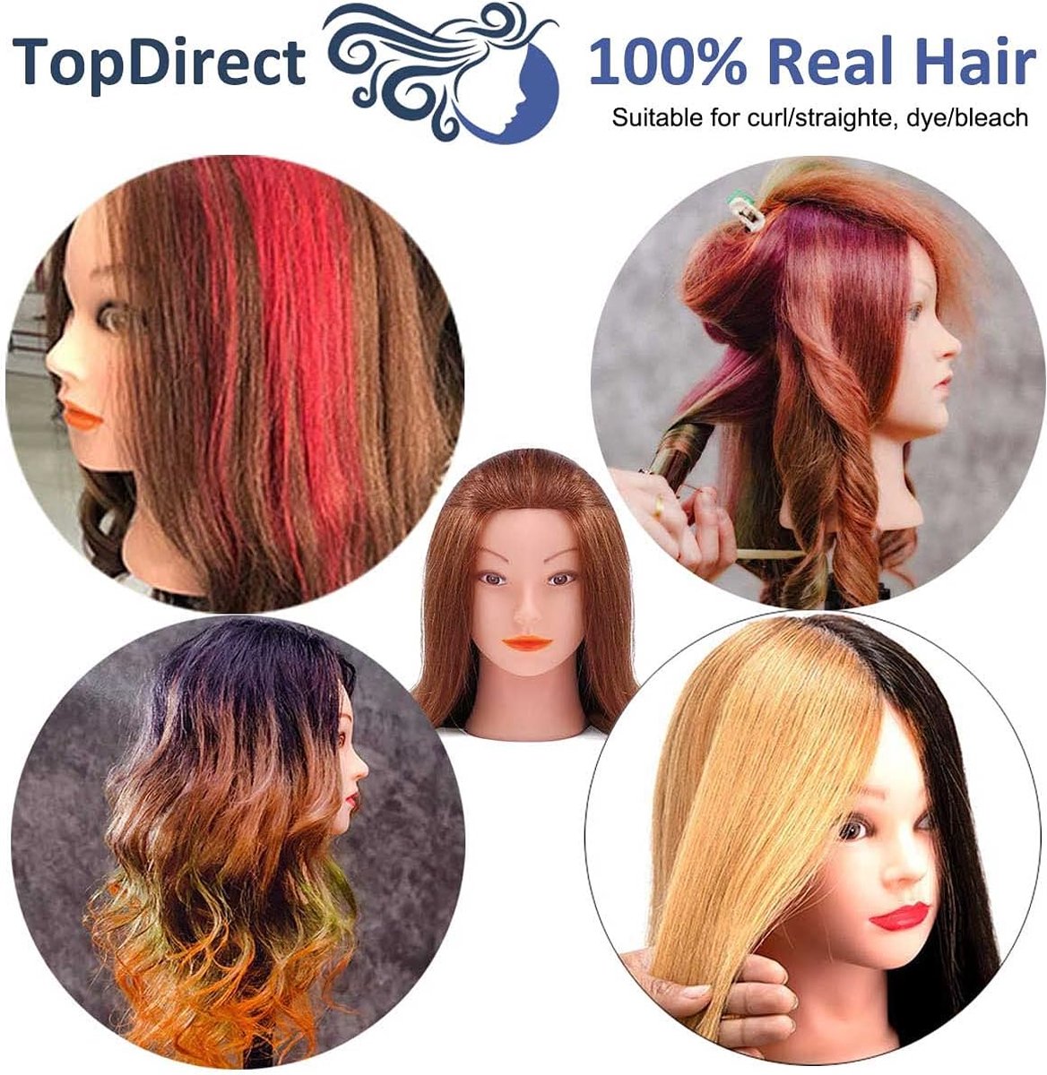 Mannequin Head for Hairdressers with Real Hair Including Clamps approx. 46 cm - TopDirect - Hairdressing Training Head