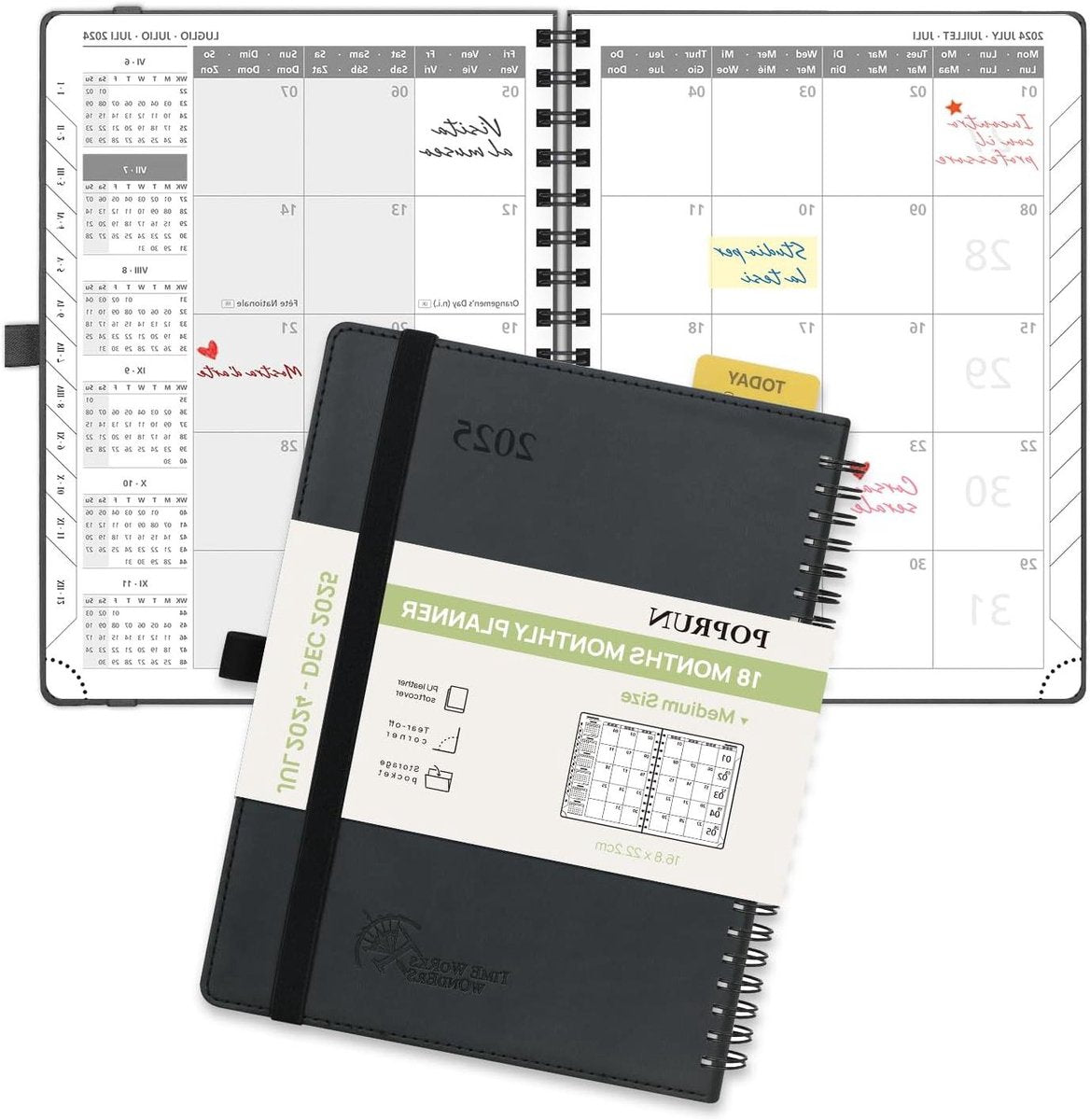 Agenda Planner 2024 2025 - Groot Formaat 22 x 165 cm - 18 Maanden - Liniaal Boekenlegger - Zachte Kaft - 100 GSM Papier - Zwarte Maandplanner