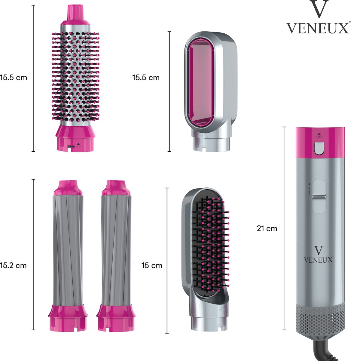 VENEUX® Föhnborstel - Airstyler - Krulborstel - Krultangen - 5-in-1 Multistyler - Grijs