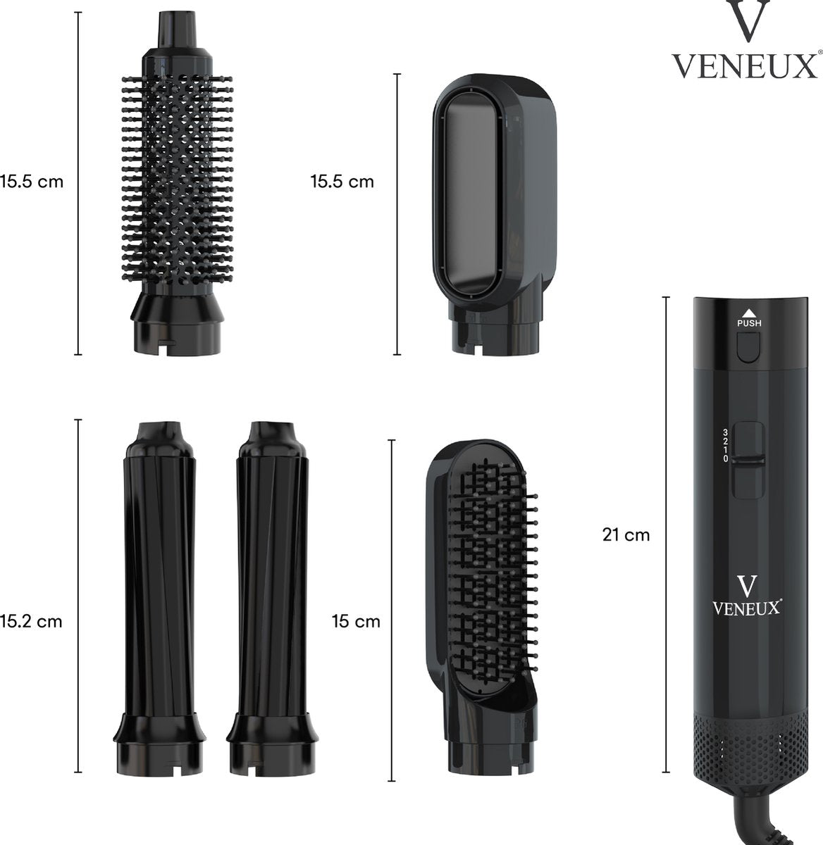 VENEUX® Föhnborstel - Airstyler - Krulborstel - Krultangen - 5 in 1 Multistyler - Met Opbergcase - Zwart