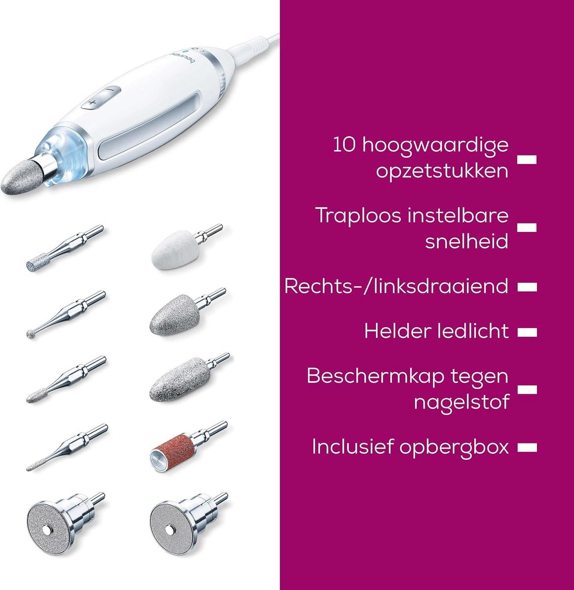 Beurer MP 62 manicure-pedicureset - elektrische nagelvijl met 10 hoogwaardige nagelverzorgingshulpstukken - LED-licht - traploze snelheidsregeling - opbergetui - html-content nodig Nagelvijl elektrisch