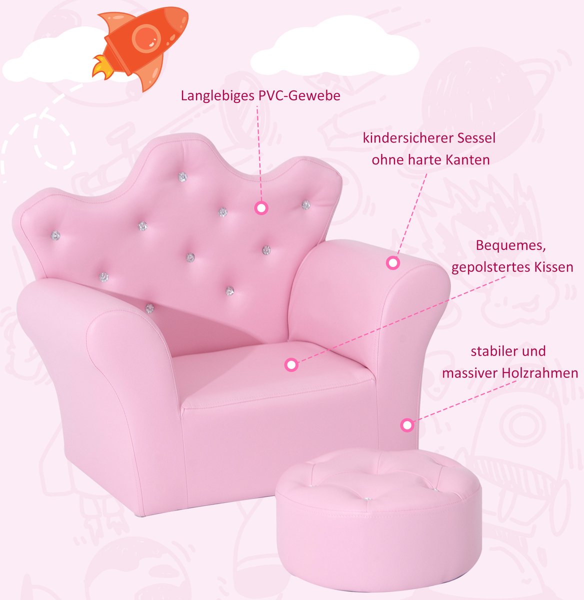 Children's sofa with crystal buttons and ottoman pink