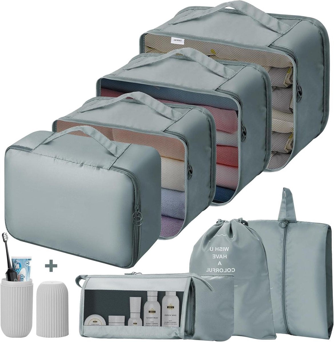 Packing cubes voor koffer - 9 stuks - reisbagage-organizers - rugzak - waterdicht - reisbenodigdheden - reisaccessoires - grijs Rugzakorganizer