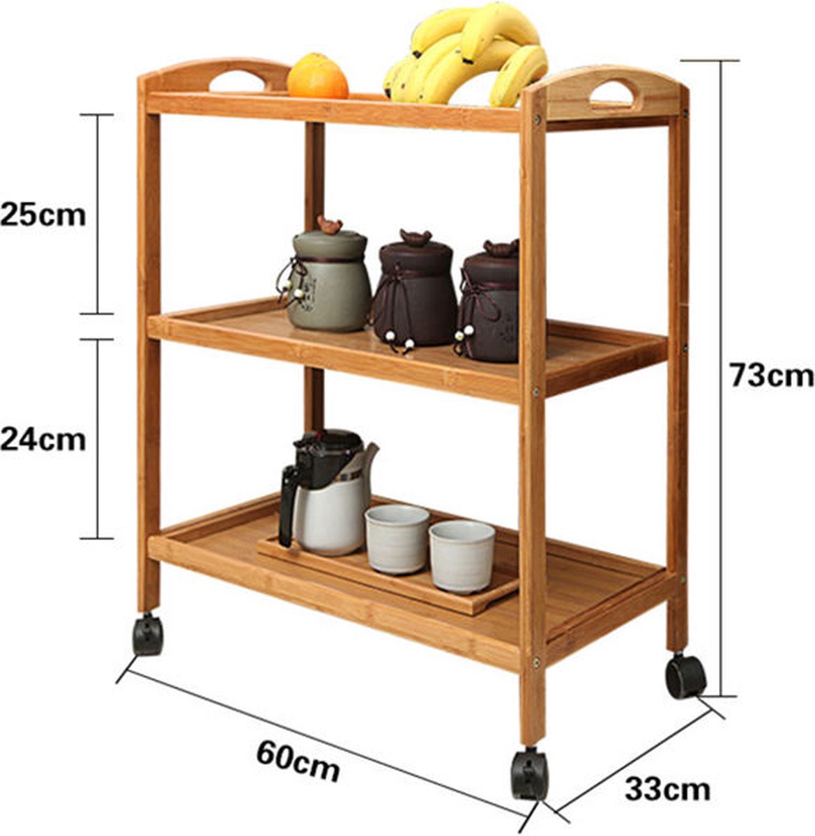 Decopatent® Keukentrolley op wieltjes - 3 laags bamboe houten keukenwagen - serveerwagen trolley met 4 wielen - keukentrolley