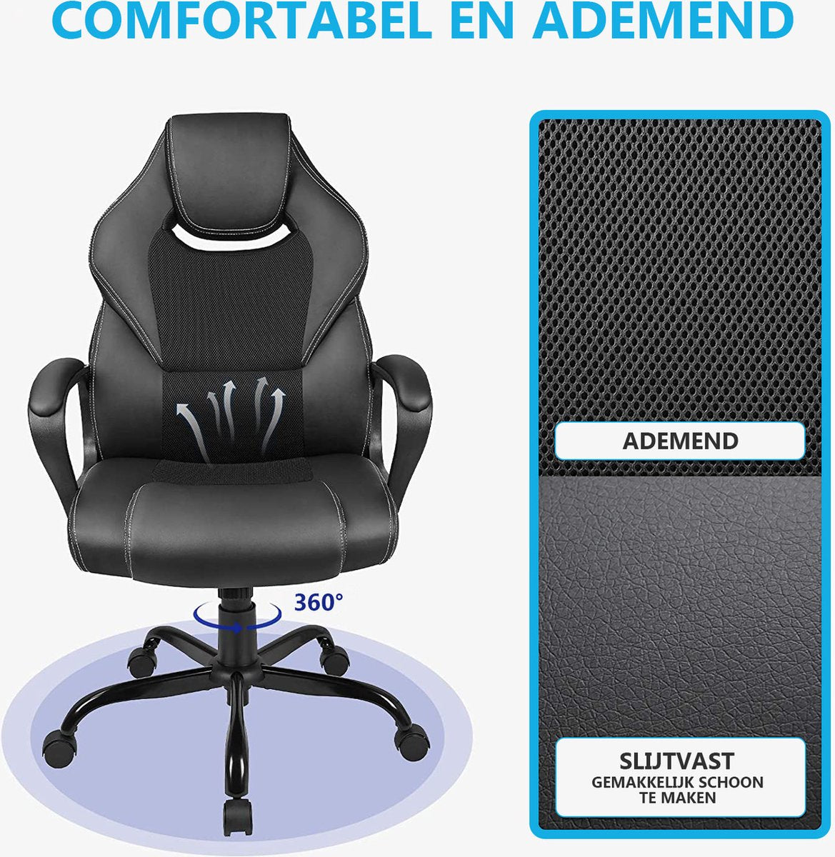 Luxe Ergonomische Bureaustoel Met Kantelmechanisme - Directie Managerstoel Ergonomisch - Ergonomische Luxe Racing Style Design Game Computer Stoel - Voor Gamen/Kantoor/Thuiswerken - Extra Dikke Vulling - Kunstleer - Zwart