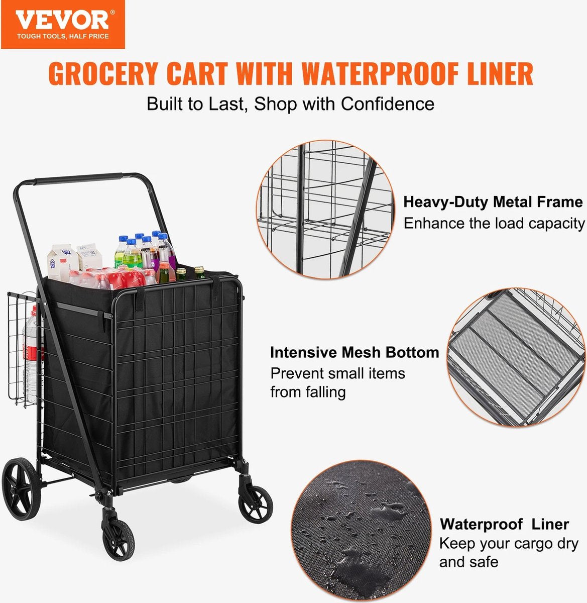 ByBusby® Foldable Shopping Cart - Shopping Trolleys - Removable Waterproof Liner - Load Capacity 150 KG - 360° Swivel Wheels