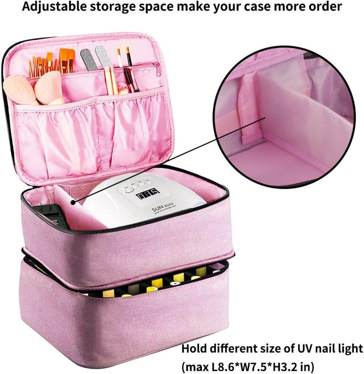 Double Nail Polish Storage Bag - Organizer for 30 Bottles - Portable Nail Polish Carrying Case with UV Lamp - Nail Art Accessories Nail Polish Case