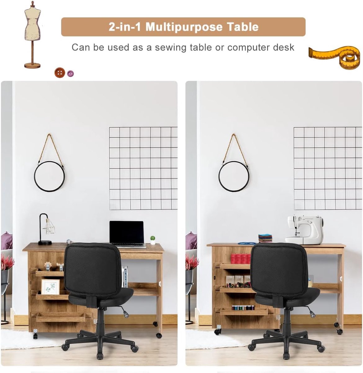 Foldable sewing table, sewing cart with lockable wheels and storage shelves, foldable sewing table for apartment, small spaces, 117 x 78 x 40 cm (Wood color)