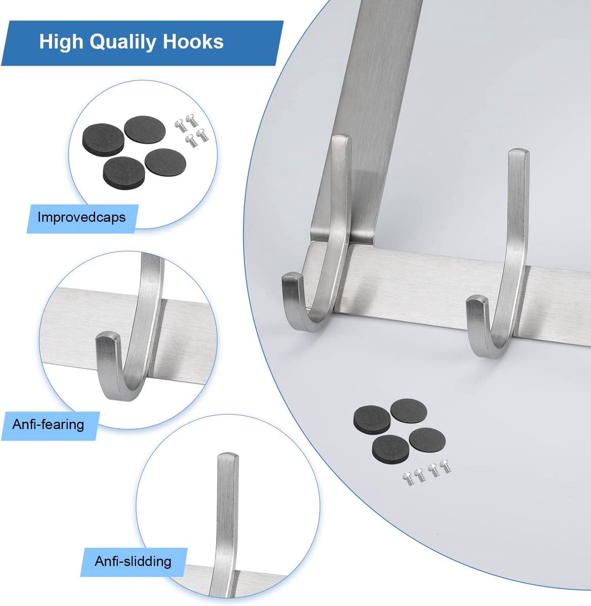 Stainless Steel Door Hook without Drilling - 6 Hooks Door Hook Strip - Bathroom Bedroom - Silver Inside Door Coat Rack Overlay Door
