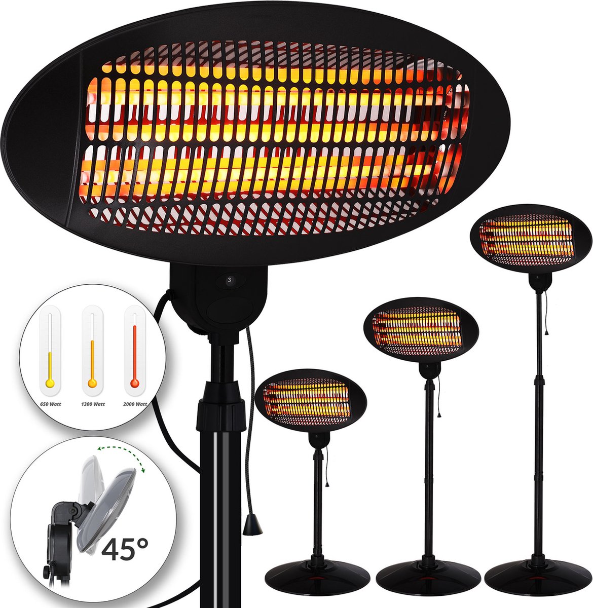 Patio heater, radiant heater, with 3 heat settings