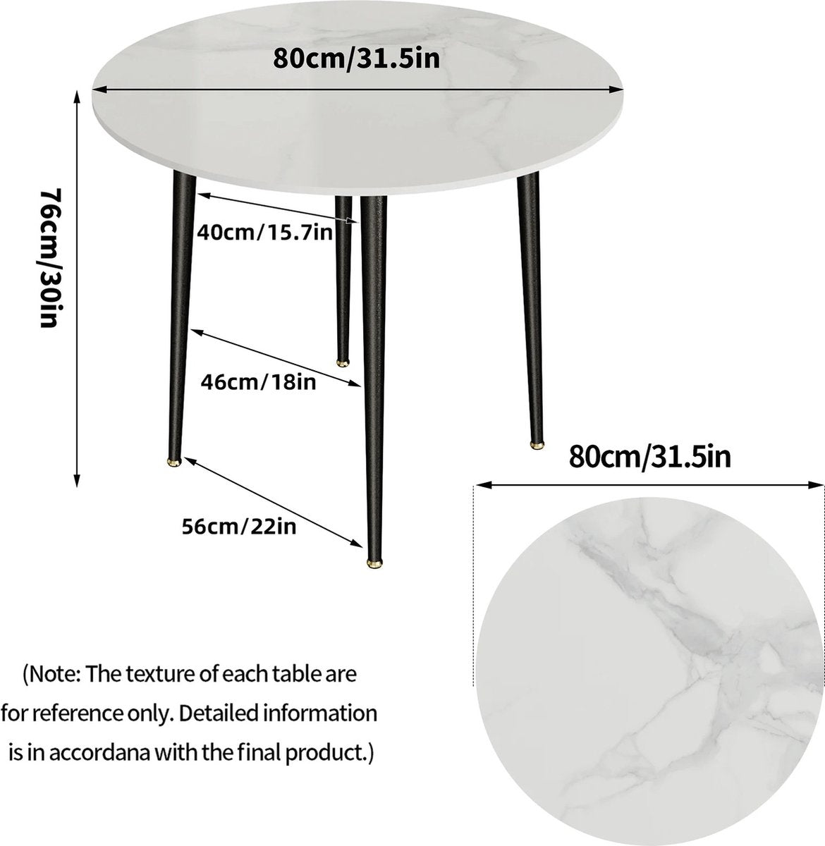 J&R Eettafel - Marmerlook - Wit met zwarte poten - Rond blad 80cm