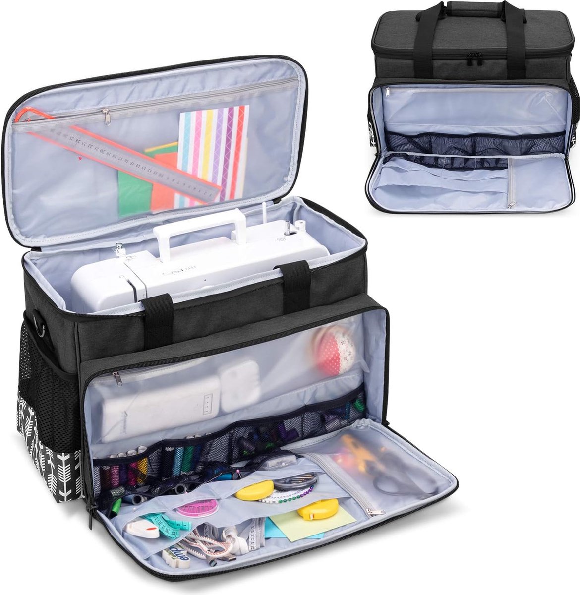 Sewing machine bag with wooden board, sewing machine carrying case, transport and storage bag is compatible with most common sewing machines and accessories, black with arrow pattern