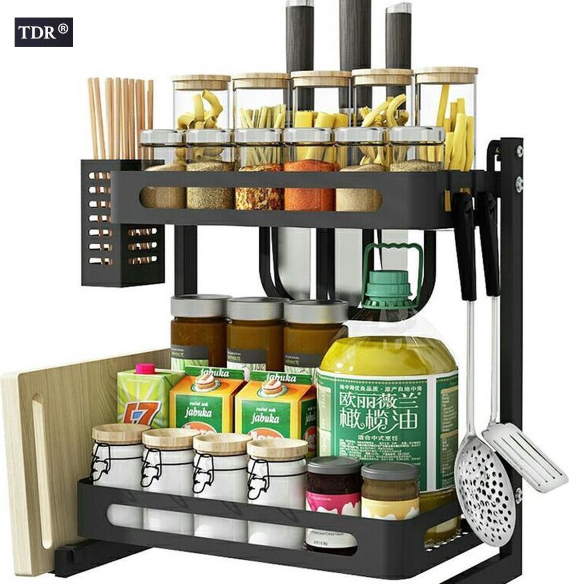 TDR - Multifunctioneel Staande Keukenrek, kruidenrek, of multifunctionele organiser - 2 laags - Zwart