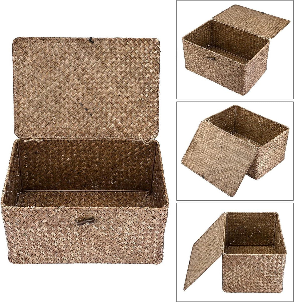 Rieten mand met deksel Sweet Living Opbergmand van zeegras voor bureau en badkamer - geweven zeegras opbergdoos planken - decoratieve mand - multifunctionele opbergmand - koffie groot Rieten mand met deksel sweet living