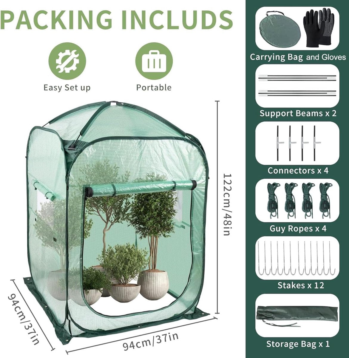Small greenhouse for plants, pop-up tomato greenhouse with roll-up cover, mini-greenhouse for indoor and outdoor use, 94 x 94 x 122 cm
