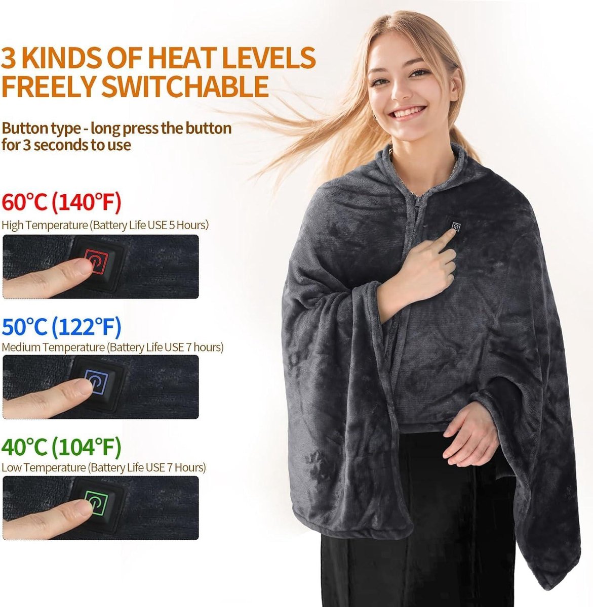 Electric blanket with USB connection - Cordless heated blanket with 3 temperature levels - Machine washable