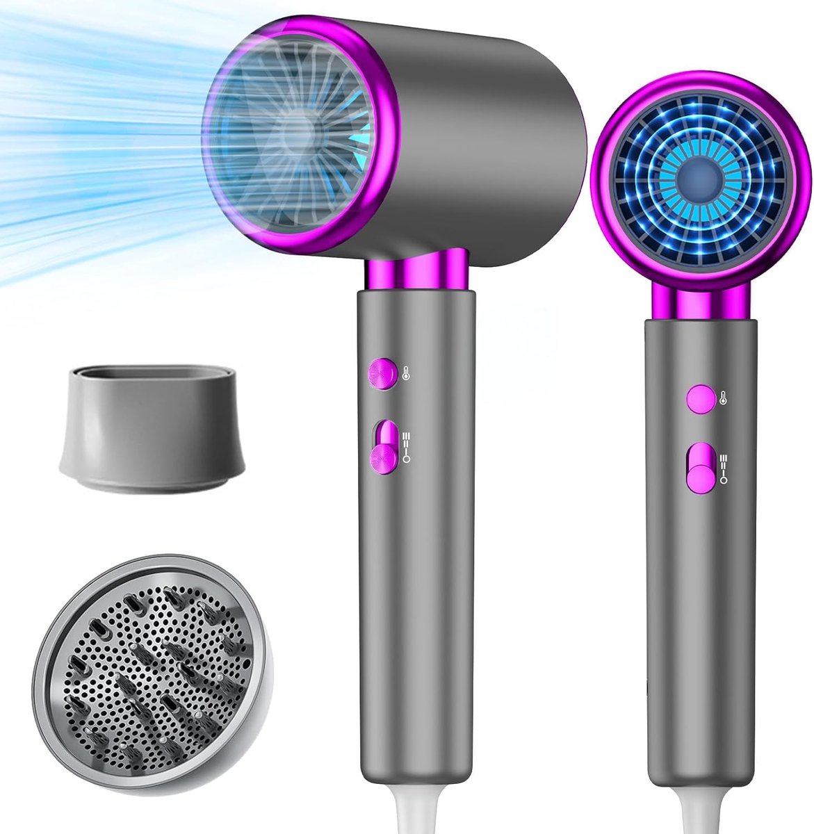 Haardroger Föhn - Föhn met Diffuser en Mondstuk - 2400 Watt - 3 Snelheden Standen Warm Koud - AC Motor - Droger - Zwart Paars