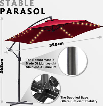 Zweefparasol - Strandparasols - Balkonparasols - Solar LED parasol Waterdicht - Parasol - Parasols - Ø 350cm - 3.5m - Tuinparasol - Zonne-energie - Rood- Draai- en Kantelbaar - 360° draaibaar - Duurzame Zweefparasol - Met voet