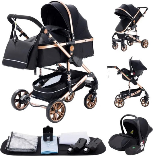 ByLoesje® Kinderwagen 3 In 1 Luxe Draagbare Kinderwagen - Zwart - Verstelbaar - Opvouwbaar - Adapters - Regenhoes - Bekerhouder - Muggennet - Luiertas - Zomermat