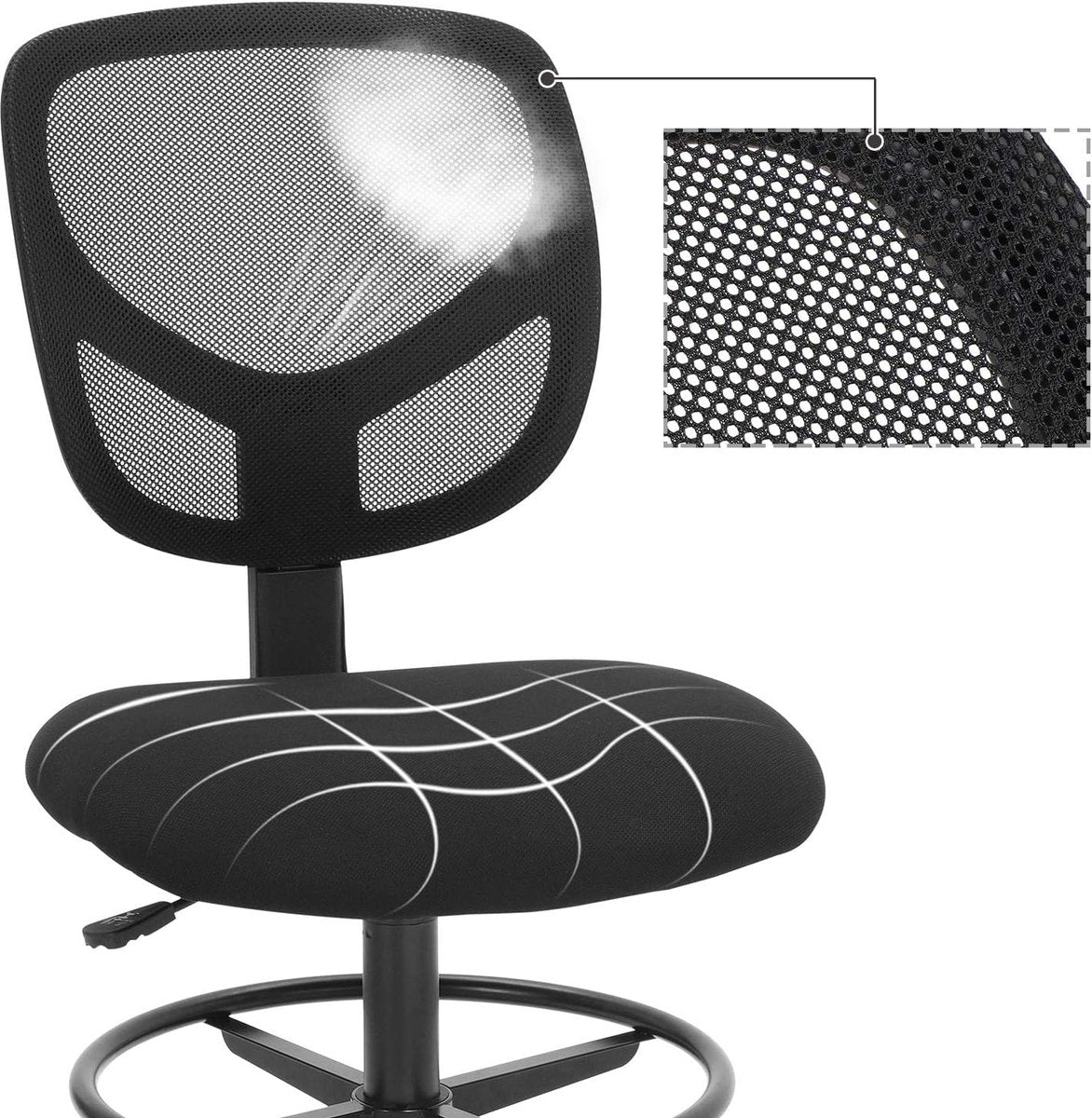 Office Chair, Ergonomic Stool, Seat Height 51.5-71.5 cm, Tall Work Chair with Adjustable Foot Ring, 120 kg Load Capacity, Black OBN15BK