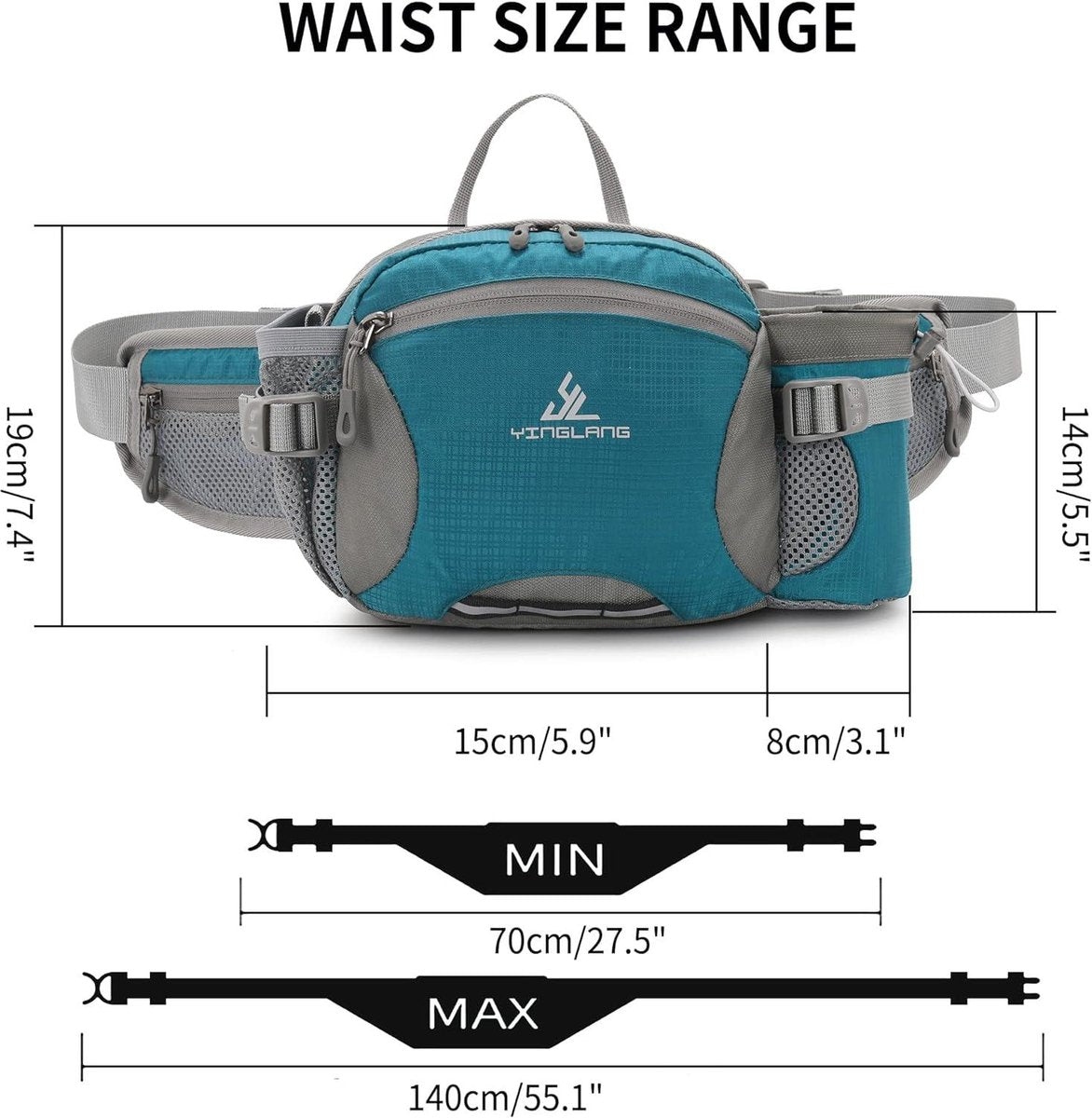 Waterproof hip bag with water bottle holder - large capacity - dog walking - travel - sport - Blue L