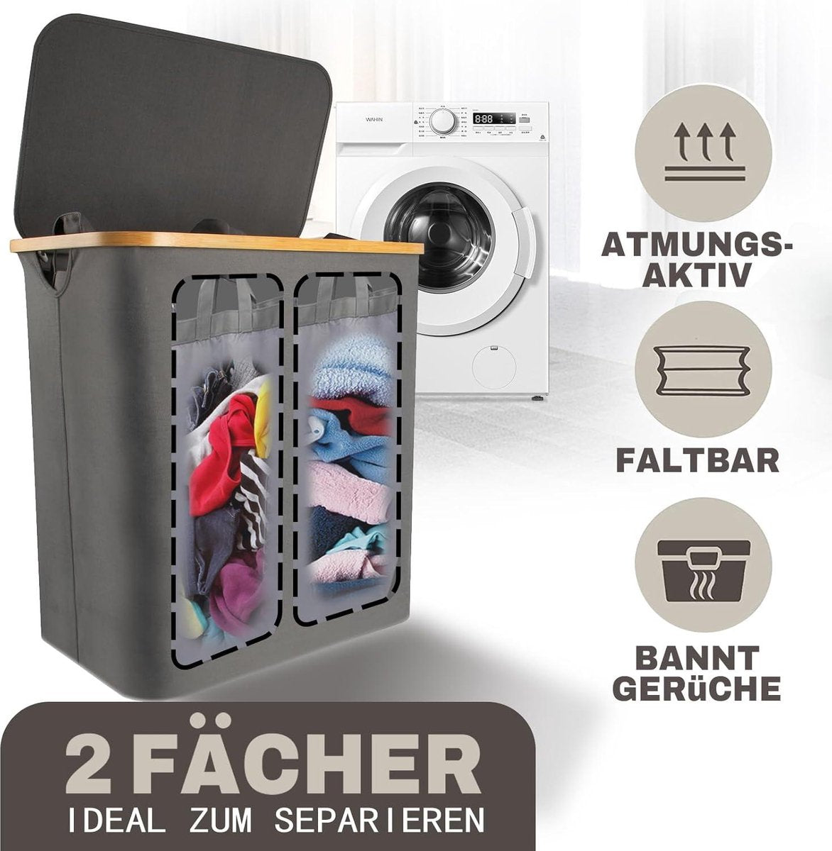 Donkere Wasmand met Deksel 2 Vakken 150 Liter Bamboestof Grijs - Grote XXL Wasmand - Donkergrijs Antraciet - Wasverzamelaar - Waspoef - Laundry Basket met Deksel - Wasgoed Sorteerder