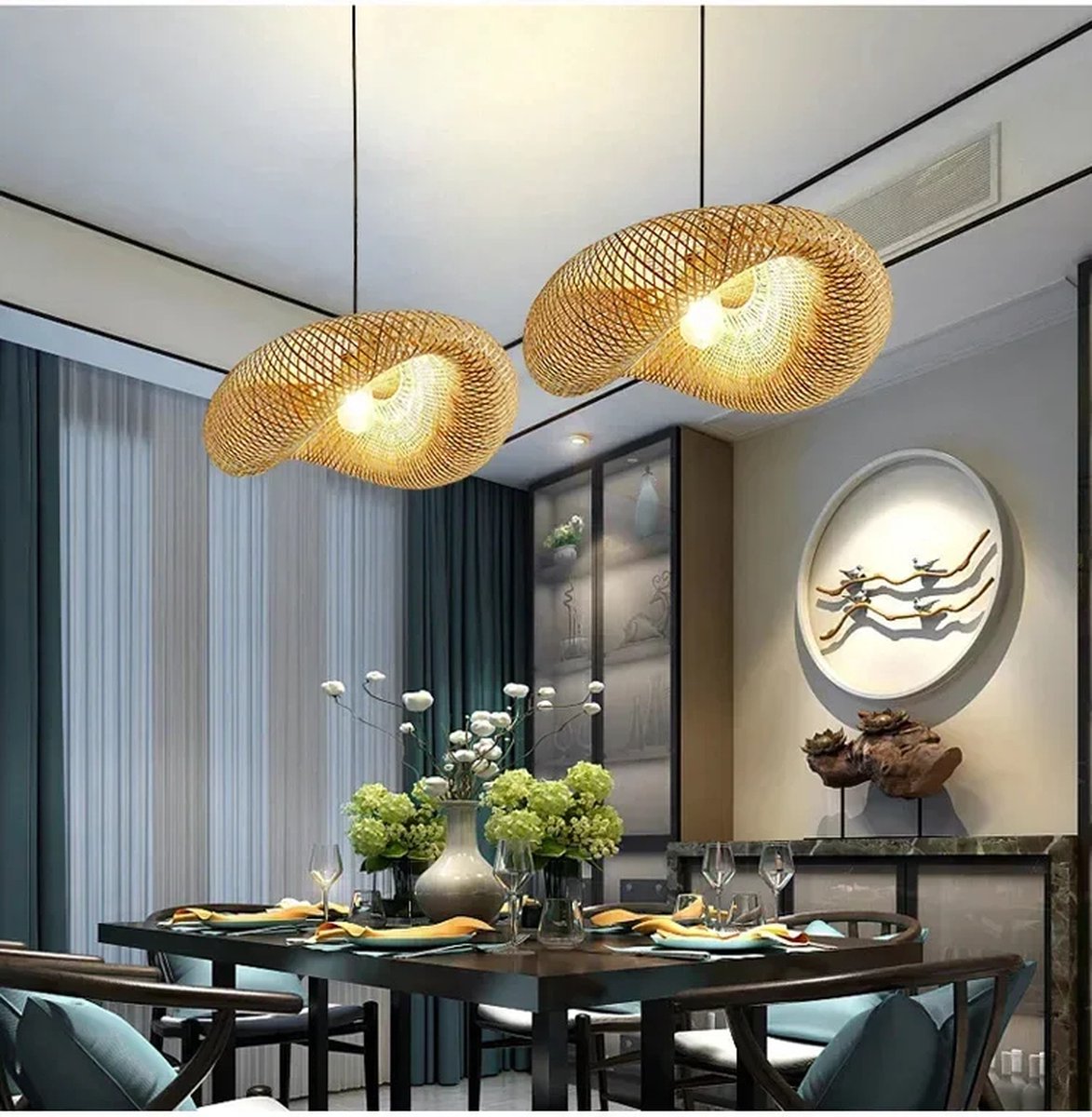 Blyx® - Hanglamp Bamboe - Wave - Rotan - Bali - Woonkamer - Eetkamer - Slaapkamer - Handgemaakt - Trendy - Ø40