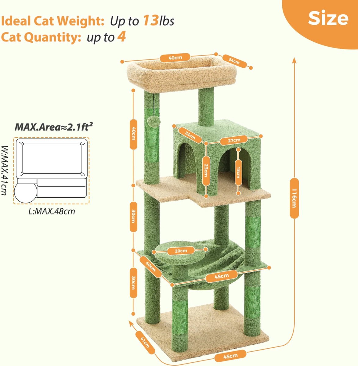 Luxury Cat Tree - Scratching Post for Cats - Cat House - Cat Furniture - Cat Tower - Green - 41x45x116cm