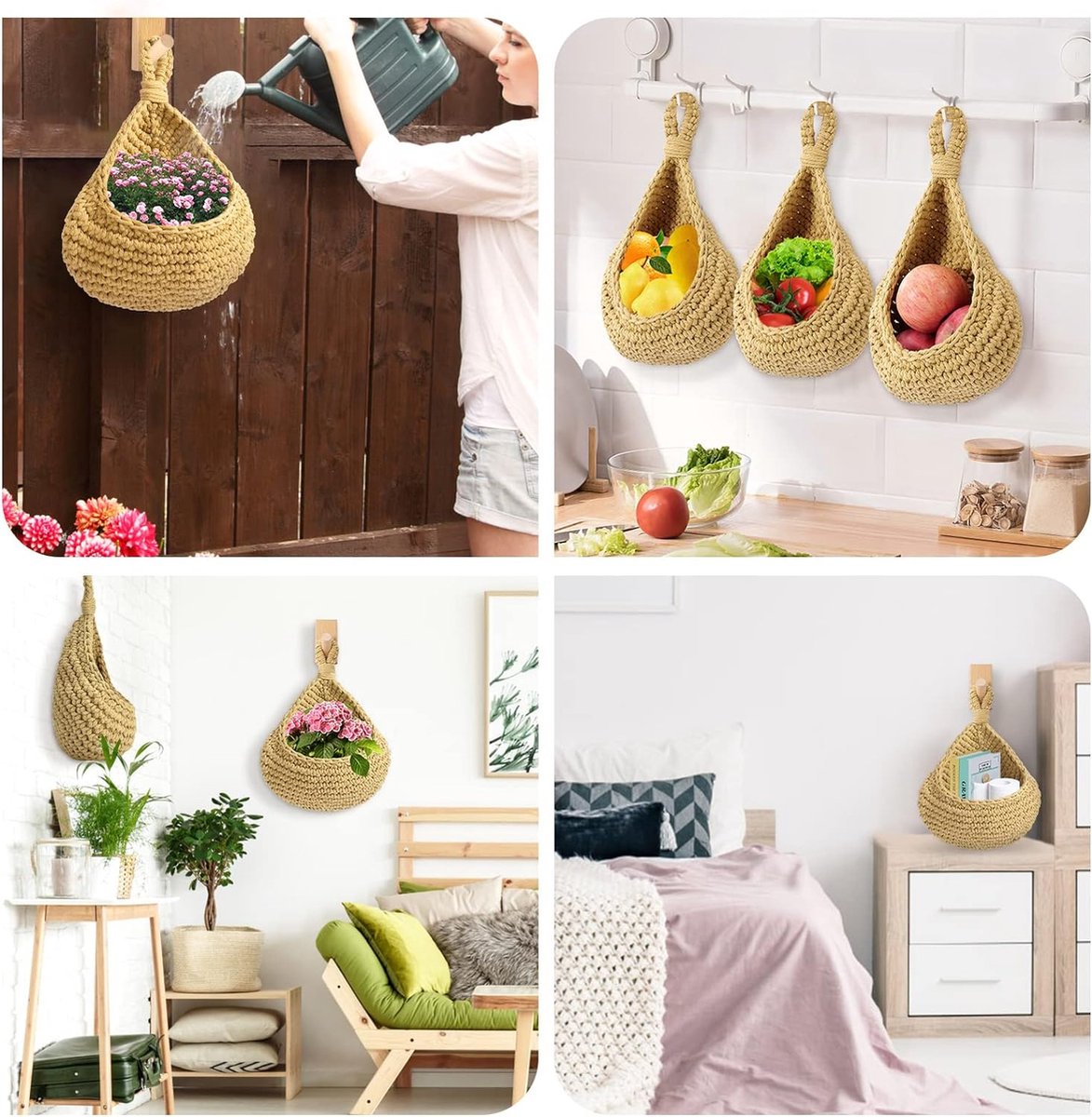 Hangmand, fruitmand, hangende wandmand, opbergmanden, gevlochten wilgenmand, om aan de muur te hangen, voor groenten en fruit, van natuurlijk riet, met 3 haken