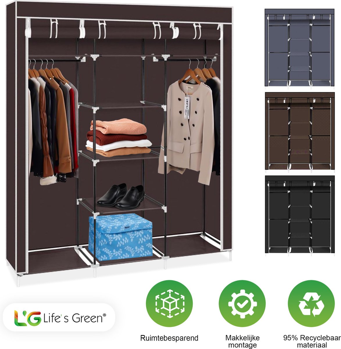 Life's Green® XXL Opvouwbare Kledingkast - Campingkast - Opvouwbare Kast - Opbergkast - Stoffen Kast - Bruin
