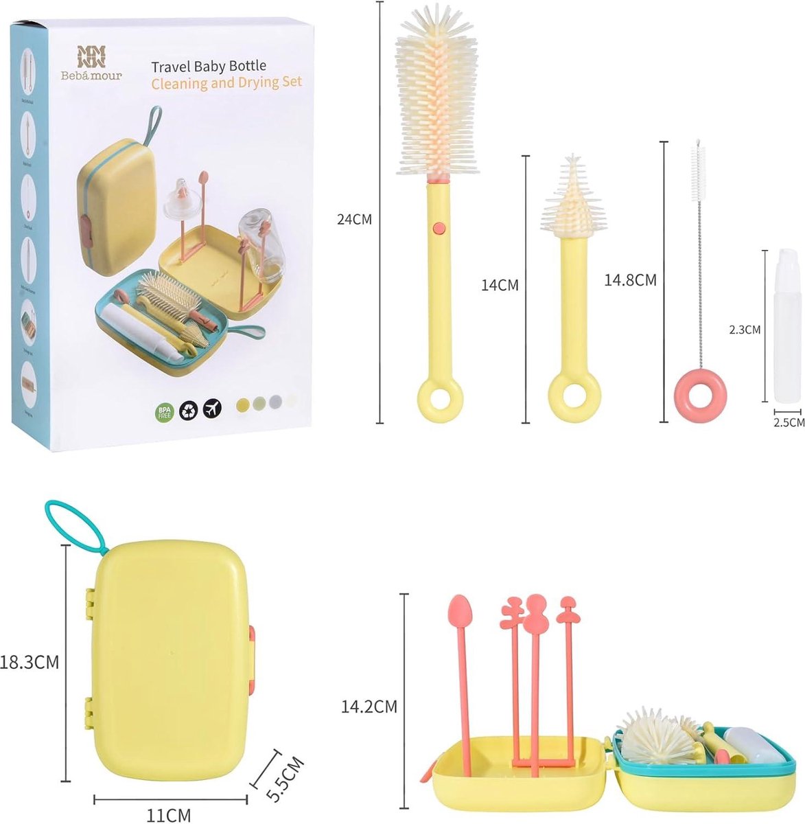 Flessenborstel Baby Reisset Borstels voor Reiniging 6-in-1 - Draagbare Siliconen Flessenborstel Tepelreiniger - Rietjesborstel Zeepdispenser en Fles Droogrek - Beige Flessenborstel Baby